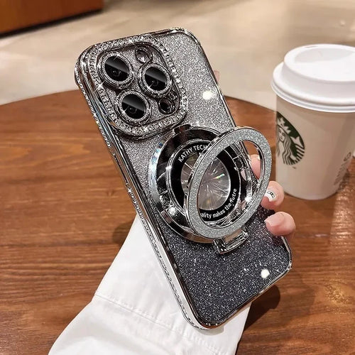 Sparkly silver phone case with ring stand.