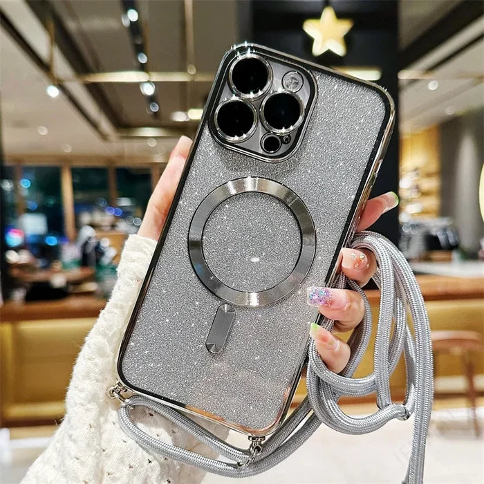 Sparkly silver phone case with a magnetic ring and lanyard.