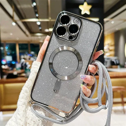 Sparkly silver phone case with a magnetic ring and lanyard.