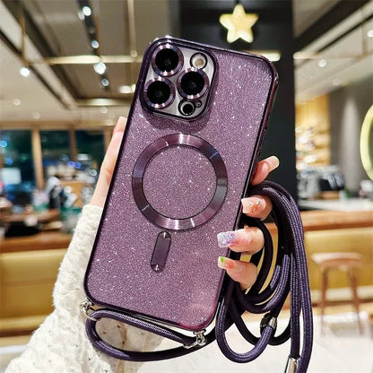 Sparkly purple phone case with a lanyard.