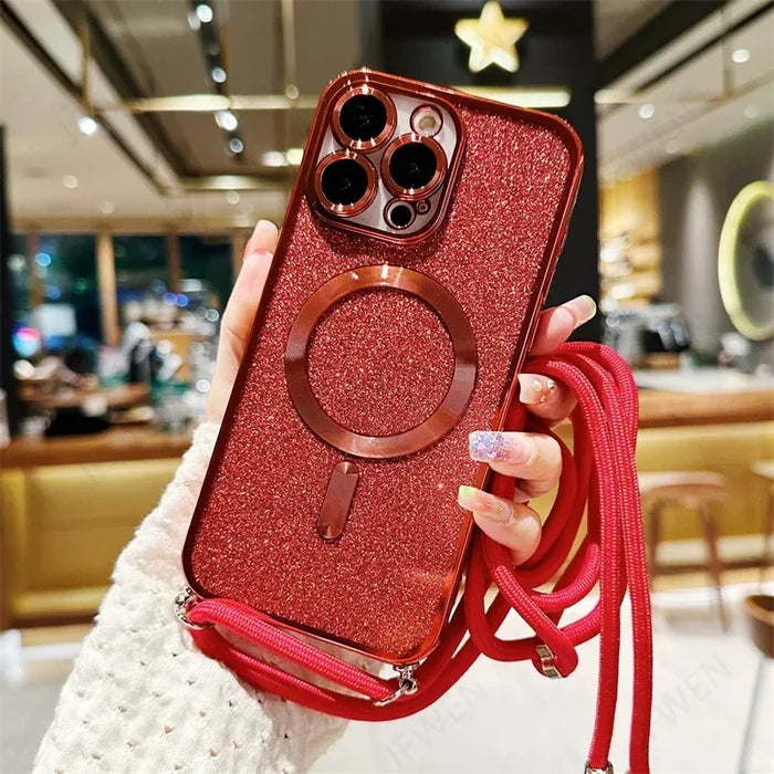Red glittery phone case with a matching lanyard.