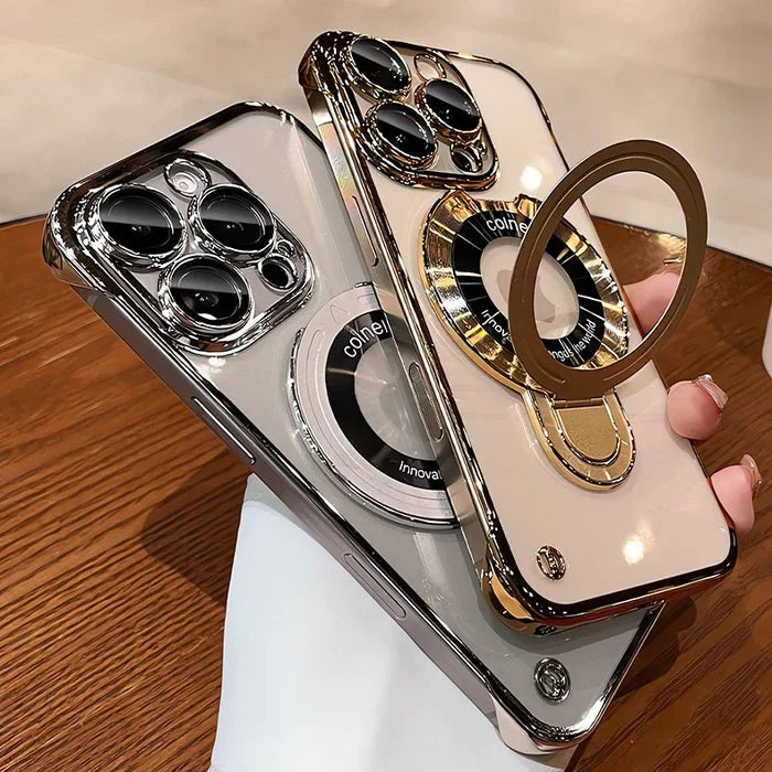 Two shiny phone cases with ring stands.