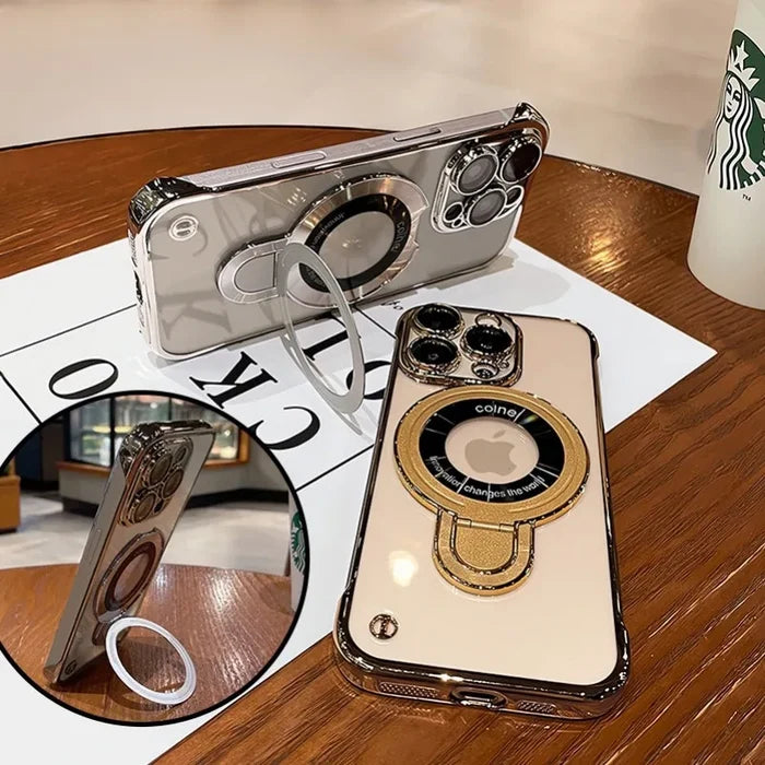 Two iPhone cases with ring stands.
