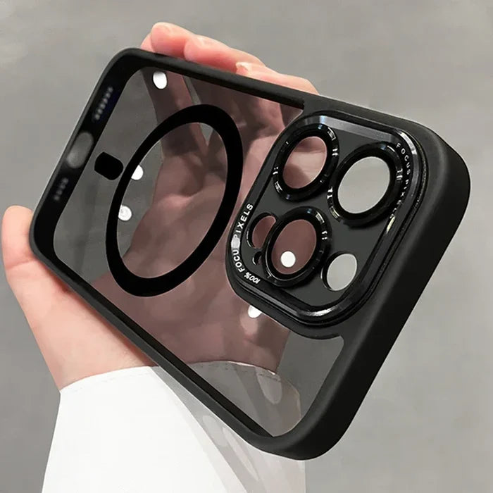 Black-rimmed clear phone case with camera lens protection.