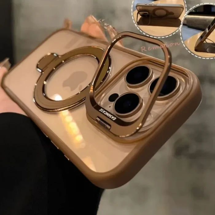 Gold-trimmed phone case with ring stand.