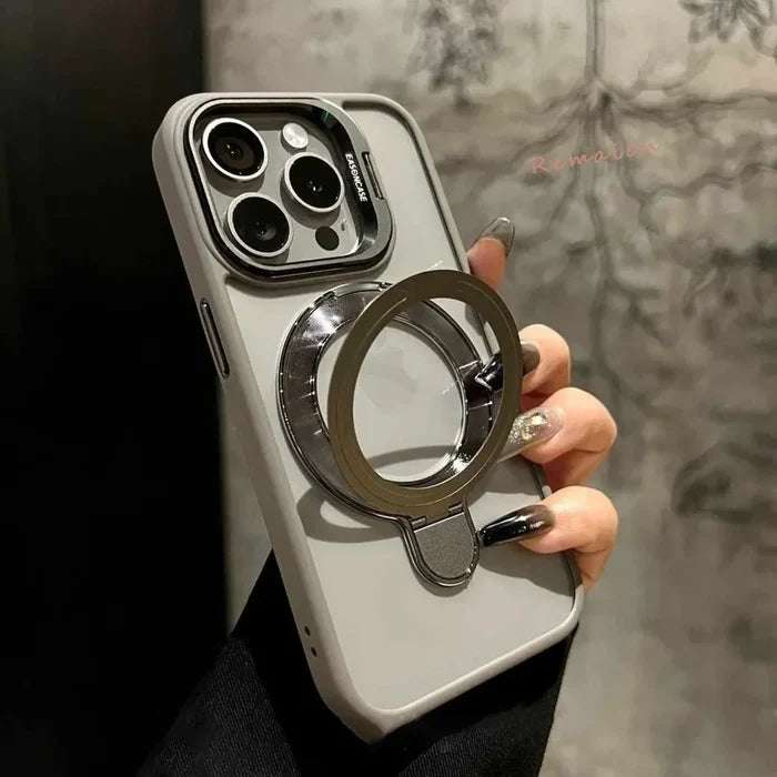 Gray phone case with ring stand.