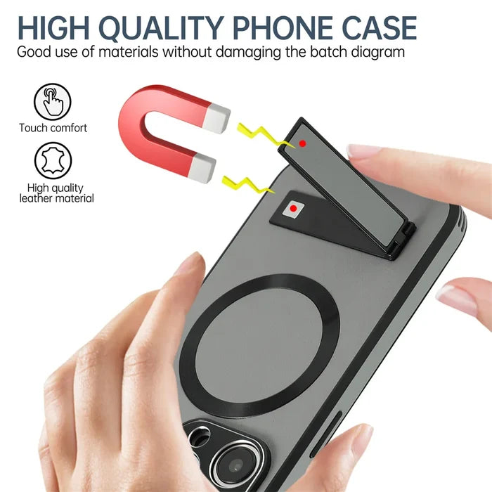 Gray phone case with magnetic stand.