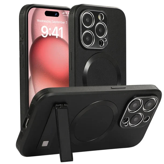 Black phone cases with camera protection and kickstand.
