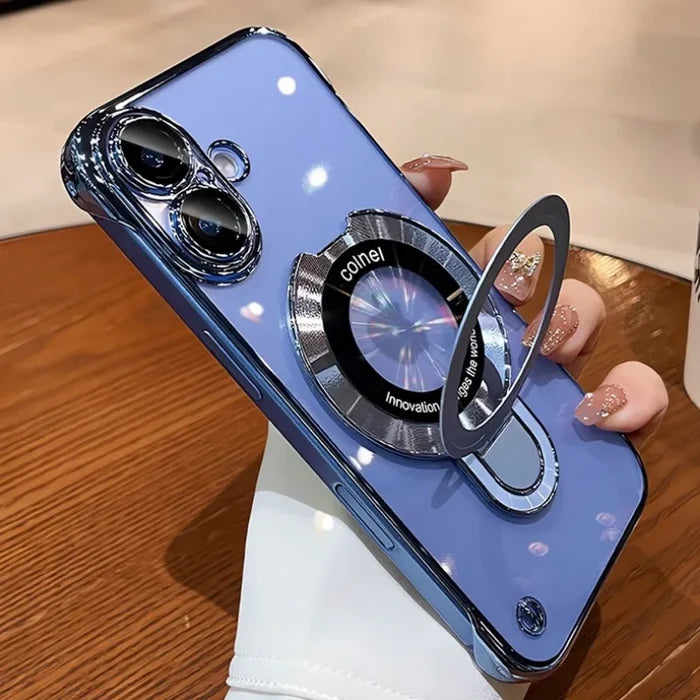 Blue phone case with ring stand.