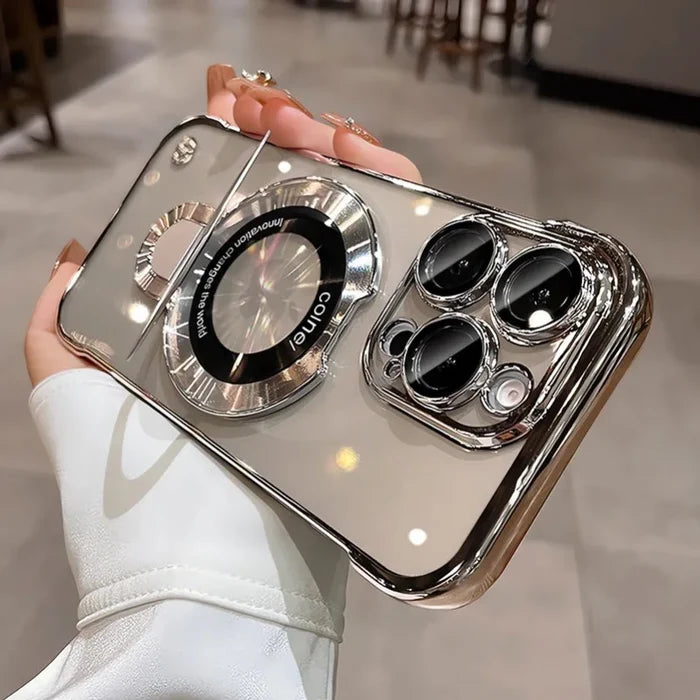 Shiny phone case with camera lens protection.