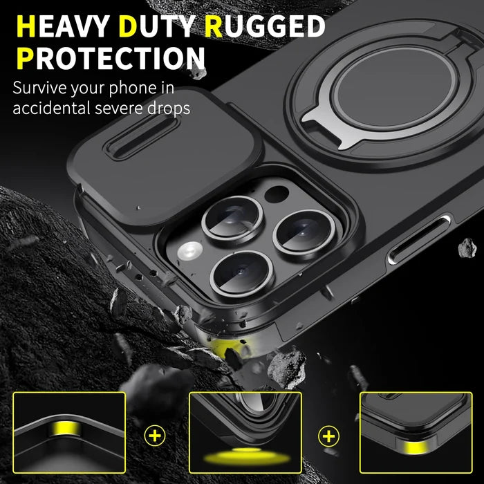 Black phone case with camera cover and ring stand.