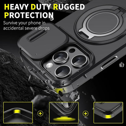 Black phone case with camera cover and ring stand.