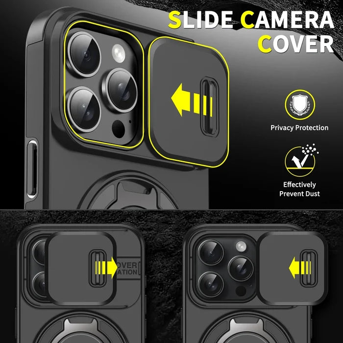Black phone case with sliding camera cover.