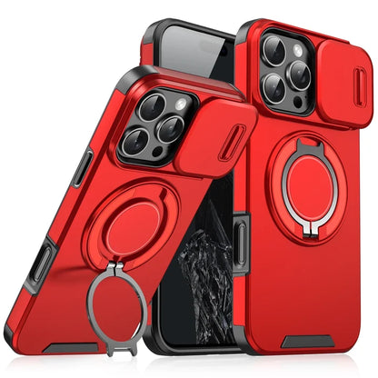 Red phone cases with camera covers and ring stands.