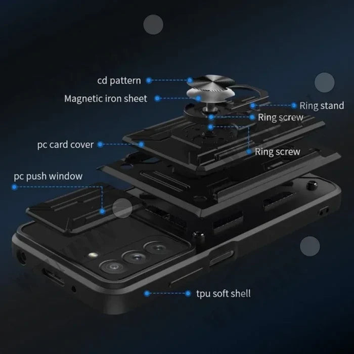 Exploded view diagram of a smartphone’s camera and protective case components.