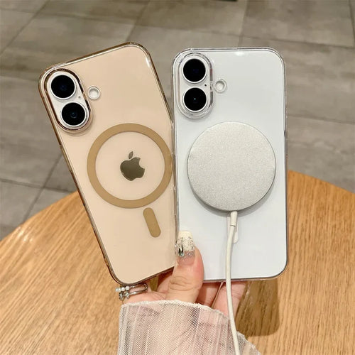 Two iPhones in clear cases.