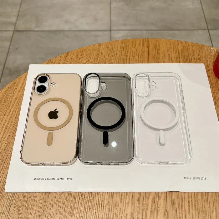 Three clear phone cases with MagSafe rings.