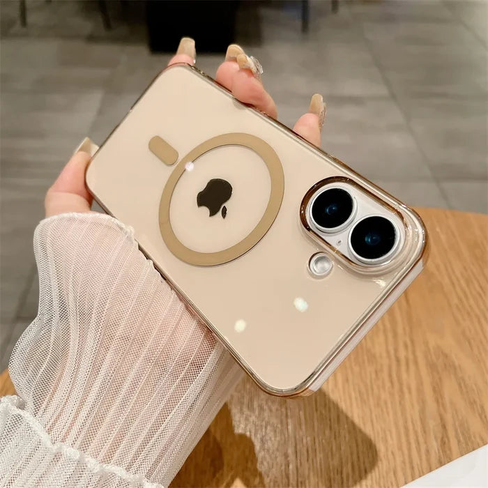 Beige iPhone in a clear case with a magnetic ring.