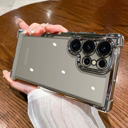the back of a silver case with two lenses