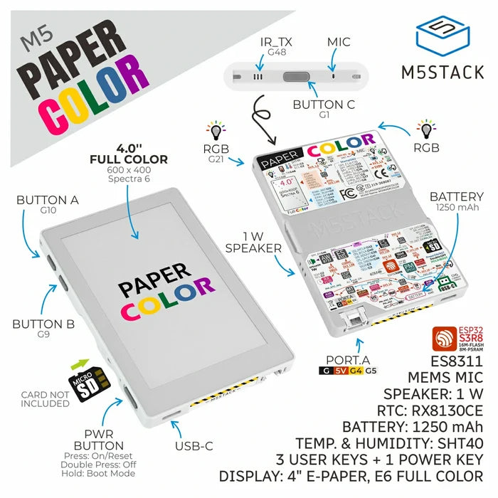 M5Paper Color ESP32S3 Dev Kit (600x400, 4" SPECTRA 6 eInk Display)