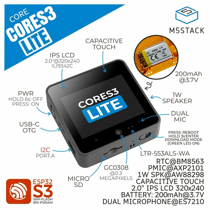 M5Stack CoreS3 Lite ESP32S3 IoT Dev Kit - m5stack-store