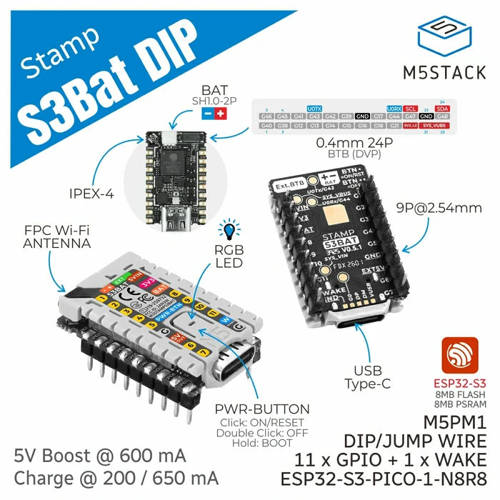 M5StampS3 BAT Module with 2.54 Header Pin - m5stack-store
