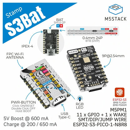 M5StampS3 BAT Module with Battery Connector - m5stack-store