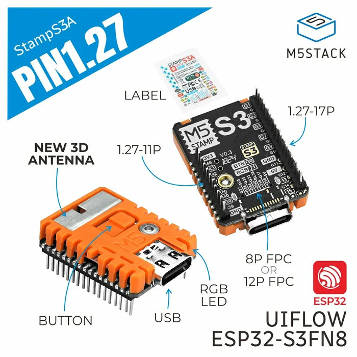M5StampS3A with 1.27 Header Pin - m5stack-store