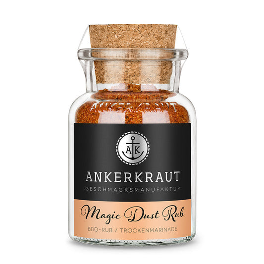 Magic Dust Rub von Ankerkraut im Korkenglas auf weißem Hintergrund.