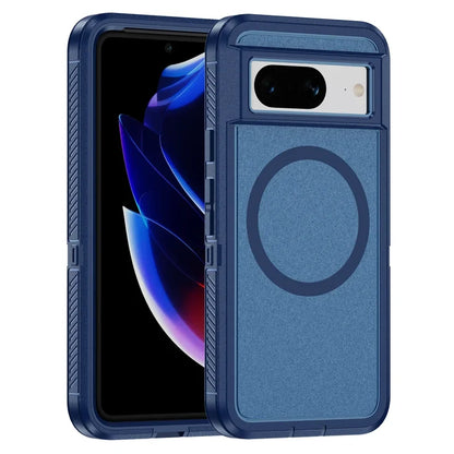 Rugged blue smartphone case with a circular design on the back and visible camera cutout.