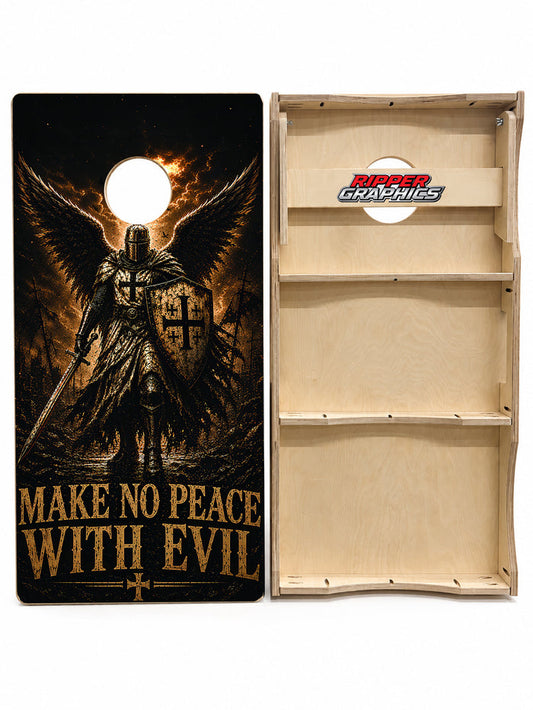 Make No Peace With Evil Cornhole Design