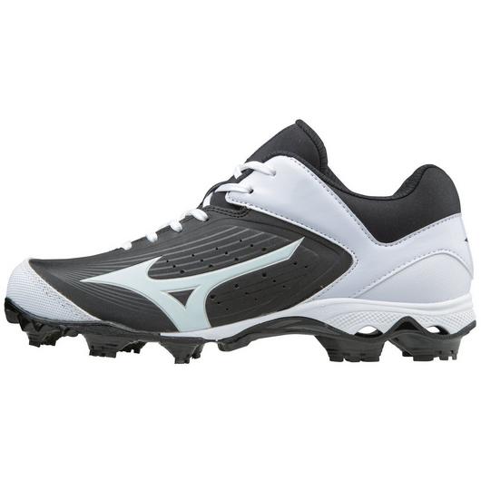 The Mizuno 9-Spike Advanced Finch Elite 3 Women's TPU Molded Fastpitch Softball Cleats (320556) feature a black and white design, lace-up closure, molded studs for traction, and distinctive Mizuno branding—great for softball.