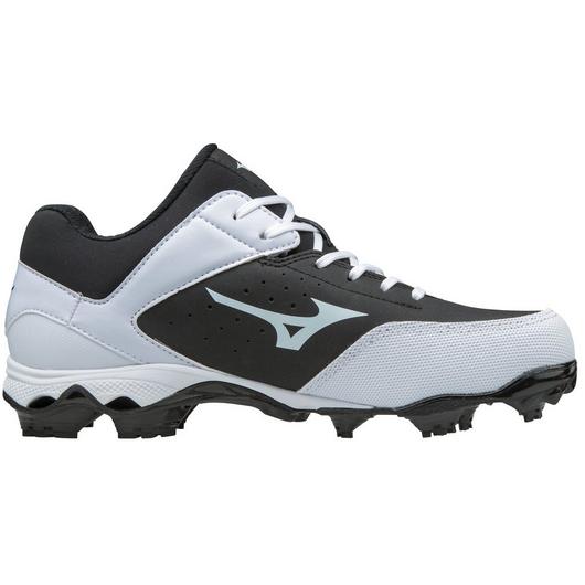 The Mizuno 9-Spike Advanced Finch Elite 3 Women's TPU Molded Fastpitch Softball Cleats (320556) feature a black and white design, Mizuno logo, textured studded sole, and a 9-Spike Advanced TPU Outsole for enhanced traction and multi-sport use.