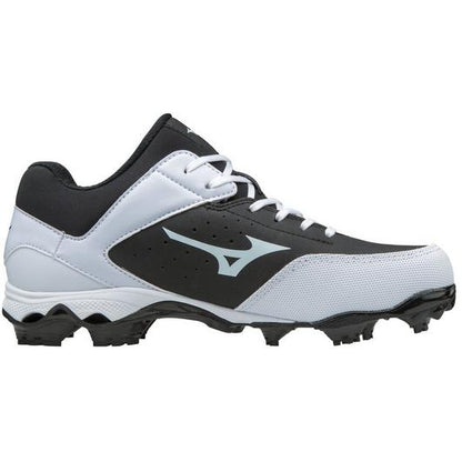 The Mizuno 9-Spike Advanced Finch Elite 3 Women's TPU Molded Fastpitch Softball Cleats (320556) feature a black and white design, Mizuno logo, textured studded sole, and a 9-Spike Advanced TPU Outsole for enhanced traction and multi-sport use.