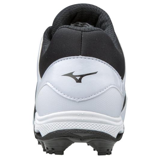 Rear view of a white and black Mizuno 9-Spike Advanced Finch Elite 3 Women's TPU Molded Fastpitch Softball Cleat, featuring a black Mizuno logo on the heel, 9-Spike Advanced TPU Outsole, and black interior lining.