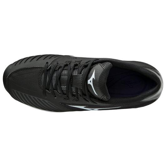 Top view of the Mizuno 9-Spike Advanced Sweep 4 Women's Metal Fastpitch Softball Cleats (320569) in black with black laces, subtle textured patterns, and a white Mizuno logo on the tongue and side.