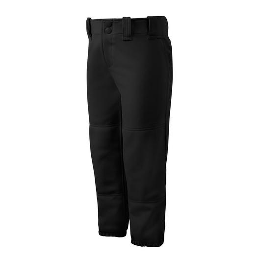 The Mizuno Girl's Belted Fastpitch Softball Pants (350462) feature belt loops, reinforced knees, and elastic cuffs for durability. Displayed against a plain white background.
