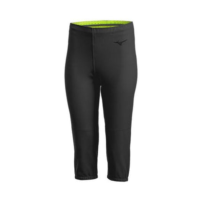 Mizuno Women's Stretch Fastpitch Softball Pants (350629) feature a fitted design, 4-way stretch, moisture-wicking fabric, small Mizuno logo on the upper left thigh, and neon green waistband lining. Shown against a white background.