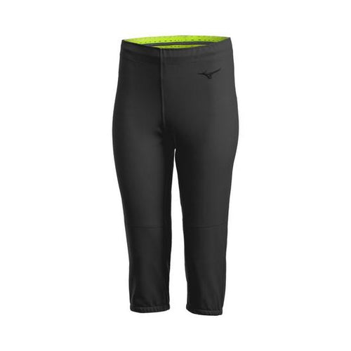 Mizuno Women's Stretch Fastpitch Softball Pants (350629) feature a fitted design, 4-way stretch, moisture-wicking fabric, small Mizuno logo on the upper left thigh, and neon green waistband lining. Shown against a white background.