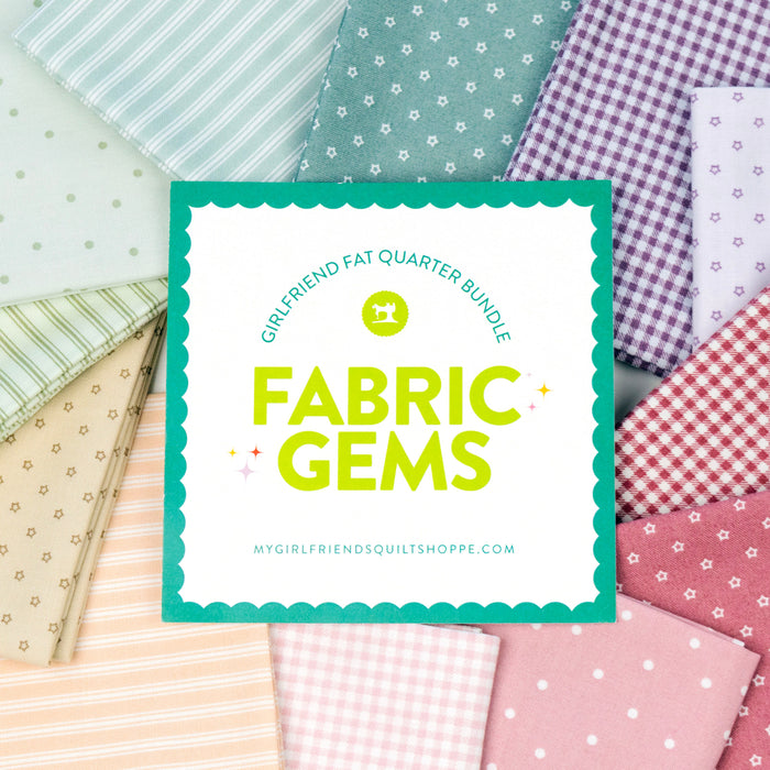 Collection of colorful fabric swatches with 'Fabric Gems' branding in the center.