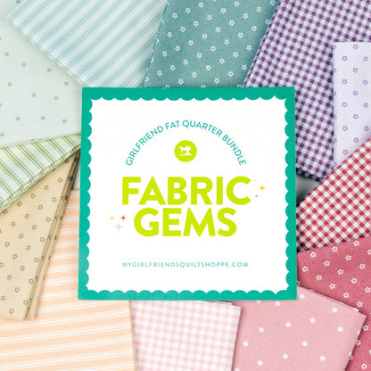 Collection of colorful fabric swatches with 'Fabric Gems' branding in the center.