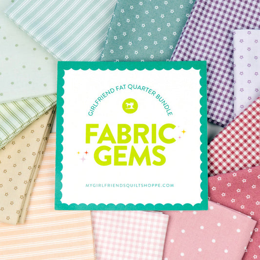 Collection of colorful fabric swatches with 'Fabric Gems' branding in the center.