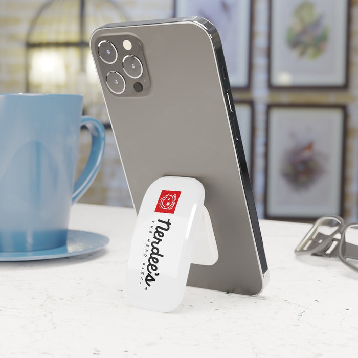 Nerdee's Red Banner Logo - Phone Click-On Grip - White