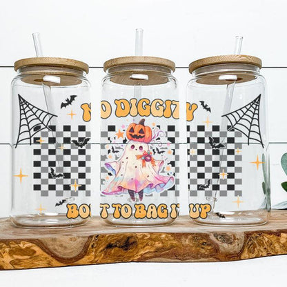 Reusable iced coffee tumbler with retro Halloween ghost design and playful word art, great gift for spooky season.
