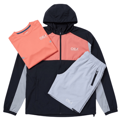 OEX Junior's 3-Piece Co-Ord Set Black, Coral Jacket, T-Shirt & Shorts laid out on a flat surface.