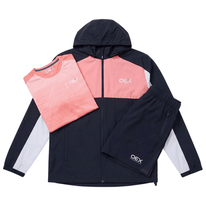 OEX Junior's 3-Piece Co-Ord Set Black with coral jacket, t-shirt, and shorts for active kids.
