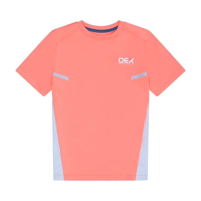 OEX Junior's 3-Piece Co-Ord Set Black Coral T-Shirt in vibrant coral color with grey accents.