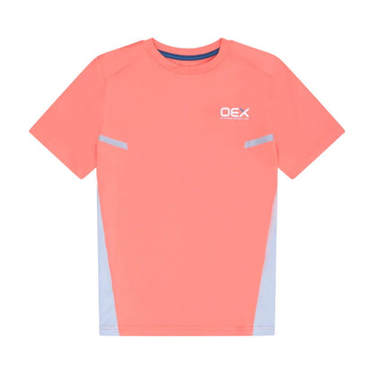 OEX Junior's 3-Piece Co-Ord Set Black Coral T-Shirt in vibrant coral color with grey accents.