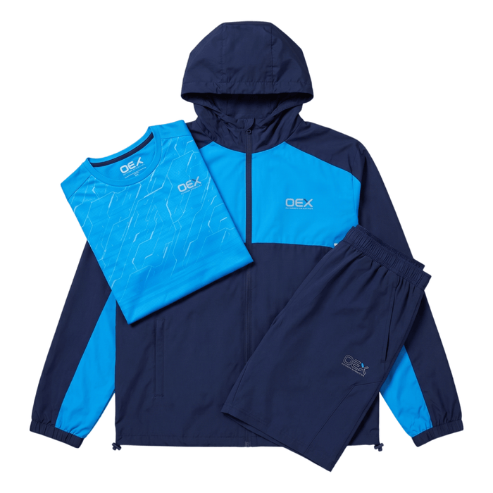 OEX Junior's 3-Piece Co-Ord Set Navy Jacket, T-Shirt, & Shorts in vibrant blue and navy colors.