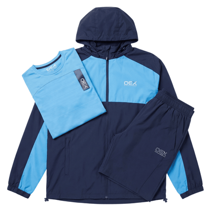OEX Junior's 3-Piece Co-Ord Set Navy/Azure Jacket, T-Shirt & Shorts displayed on white background.